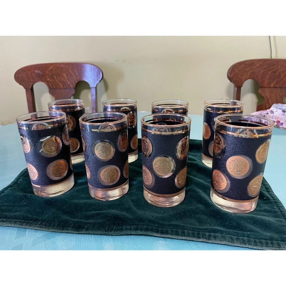 Mid Century Coin Glass Highball Set of 8 Black Gold‎ Textured Tumblers